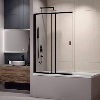 Шторка на ванну SC-40B 100х150 сдвижная маятниковая, стекло прозрачное, профиль чёрный  